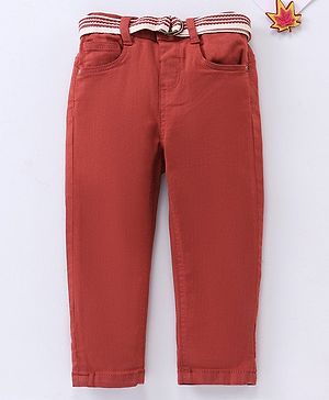 Babyhug Stretchable Full Length Washed Solid Colour Jeans With Belt  With Mock Fly  - Maroon - 12-18M Maroon