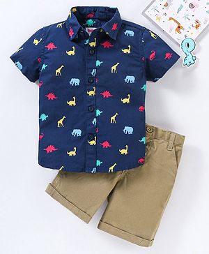 Babyhug Cotton Knit Half Sleeves Shirt And Short Set Animals Print - Navy AOP Grey