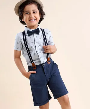 Babyhug Cotton Half Sleeves Shirt & Trouser with Suspenders Set & Bow Scooter Print- White Blue