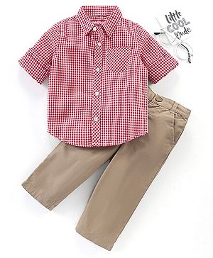Babyhug Cotton Full Sleeves Checks Shirt & Solid Trousers - Red Brown