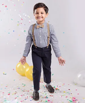 Babyhug Full Sleeves Cotton Woven to Woven Checkered Shirt & Trouser With Suspender - Blue