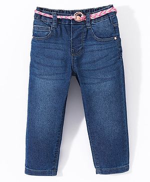 Babyhug Cotton Washed Denim Full Length Stretchable Jeans With Belt - Blue