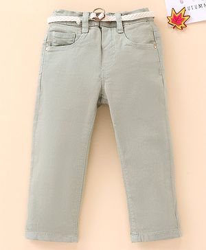 Babyhug Full Length Washed Solid Colour Jeans With Belt With Mock Fly  -Grey
