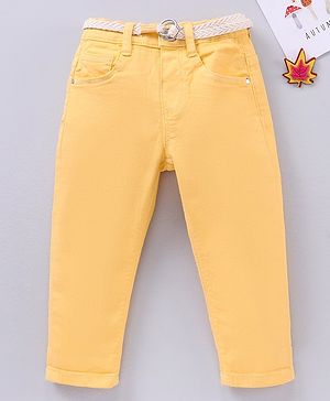 Babyhug Full Length Washed Solid Colour Jeans With Belt  With Mock Fly  - Yellow
