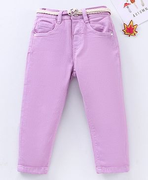 Babyhug Full Length Washed Solid Colour Jeans With Belt  With Mock Fly  - Lavender