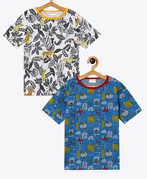 NEO NATIVES Pack Of 2 Half Sleeves Tropical Forest & Rainy Day Print Pure Cotton Tees - White & Blue