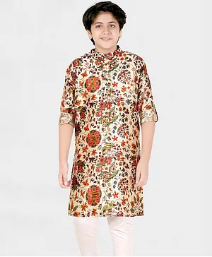 CAVIO Full Sleeves Floral Print Kurta With Solid Pyjama - Cream