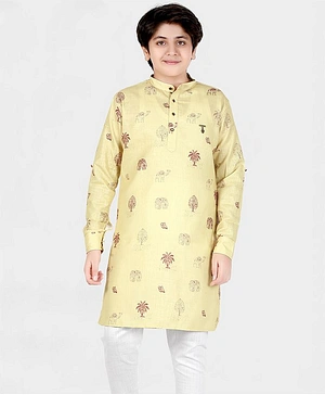 CAVIO Full Sleeves Elephant And Palm Tree Print Kurta With Solid Pyjama - Yellow