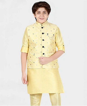 CAVIO Full Sleeves Kurta & Pajama With Mirror Work & All Over Floral Embroidered Jacket - Lemon Yellow