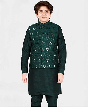 CAVIO Full Sleeves Kurta & Pajama With Geometric Mirror Work & All Over Floral Embroidered Jacket - Green