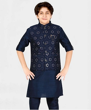 CAVIO Full Sleeves Kurta & Pajama With Geometric Mirror Work & All Over Floral Embroidered Jacket - Blue