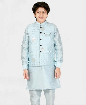 CAVIO Full Sleeves Kurta & Pajama With All Over Geometric Embroidered Embellished Jacket - Sky Blue