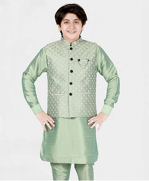 CAVIO Full Sleeves Kurta & Pajama With All Over Floral Motif & Lattice Embroidered Jacket - Pista Green