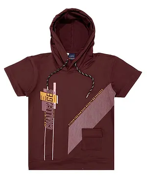 CAVIO Half Sleeves Challenges Printed Hooded T Shirt - Maroon