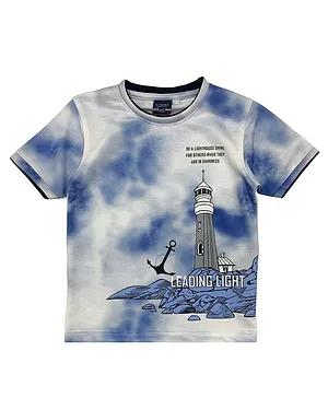 CAVIO Half Sleeves Anchor & Light House By The Sea Placement Print Print Tee - Blue