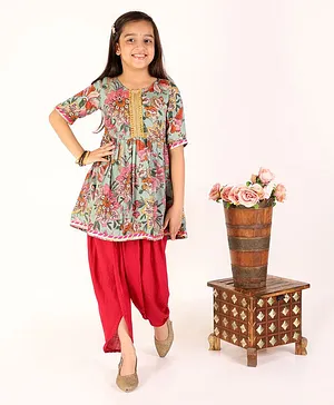 M'andy Half Sleeves All Over Flower Print Kurti With Sharara - Green Red