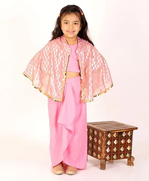 M'andy Full Sleeves Paisley Foil Print Cape With Top & Flare Detailed Pants - Pink
