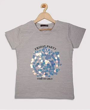 Ziama Short Sleeves Friday Party Print And Sequin Mosaic Embellished Detail Top - Grey