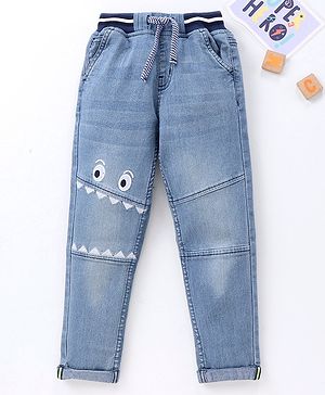 Babyhug Full Length Washed Denim Jeans with  Face Embroidery - Blue