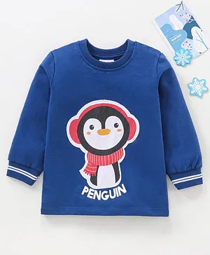 Babyhug Cotton Full Sleeves Winter Wear Tee Penguin Patchwork- Navy Blue
