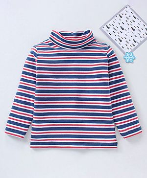 Babyhug Cotton Knit Full Sleeves Striped Skivi Winter T-Shirt - Navy Red