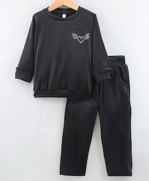 Grab It Full Sleeves Top & Lounge Pant Set Heart Embellished - Black