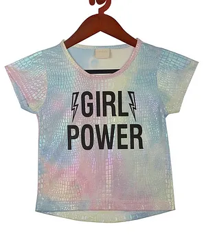 Tiny Girl Short Sleeves Shiny Unicorn & Text Printed Top - Blue