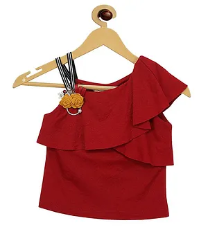 Tiny Girl Sleeveless Floral Applique Frill Detail Top - Maroon
