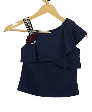Tiny Girl Sleeveless Floral Applique Frill Detail Top - Navy Blue