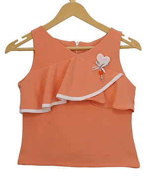 Tiny Girl Solid Frill Detail Sequin Heart Applique Top - Peach