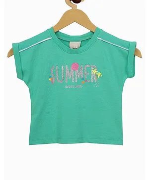 Tiny Girl Short Sleeves Summer Never Ends Glitter Print Top - Green