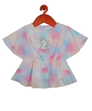 Tiny Girl Half Sleeves Tie And Dye Detail Unicorn Print Drop Waist Top - Pink