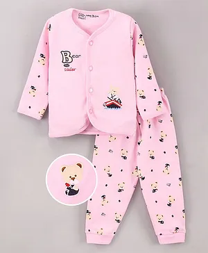 Little Darlings Full Sleeves T-Shirt & Pyjama Set Bear Print - Pink