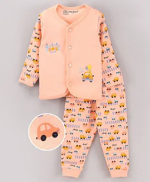 Little Darlings Full Sleeves T-Shirt & Pyjama Set Car Print - Peach