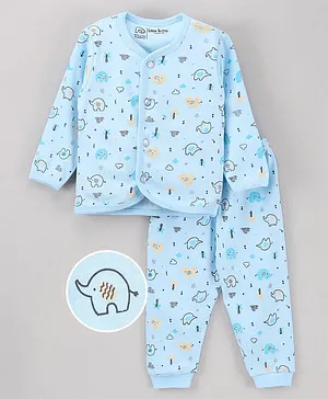 Little Darlings Full Sleeves T-Shirt & Pyjama Set Elephant Print - Blue