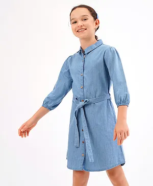 Primo Gino Indigo Washed Soft Finish Shirt Dress With Elasticated Sleeves & Self Fabric Belt - Blue