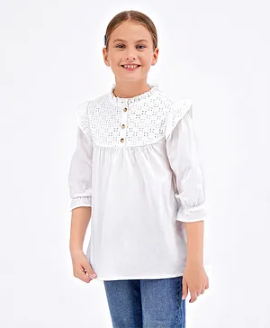 Primo Gino Top With Schiffli At Yoke And Frill Neck Details - White