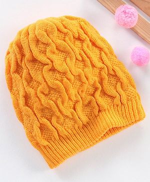 Babyhug Blend Cable Knitted Reversible Cap Textured Mustard - Diameter 10 cm