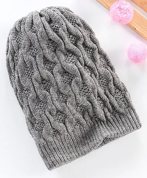Babyhug Acrylic Blend Cable Knitted Reversible Cap Textured Grey - Diameter 10 cm