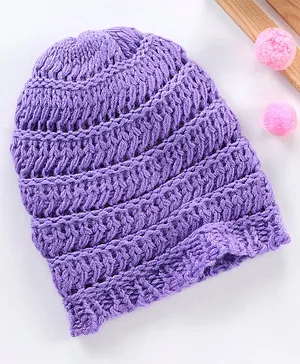 Babyhug Acrylic Blend Knitted Cap Textured Purple - Diameter 12 cm