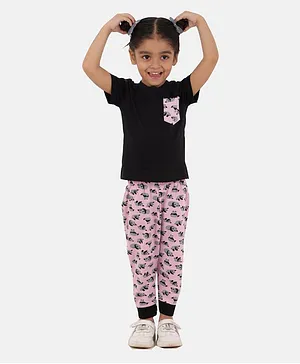 NEO NATIVES Half Sleeves Panda Mischief Print Tee & Lounge Pants Set - Black & Pink