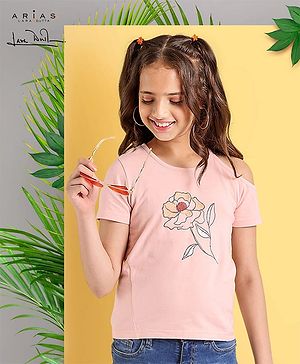 Arias Cotton Modal Stretch Knit T-Shirt With Floral Embroidery - Peach