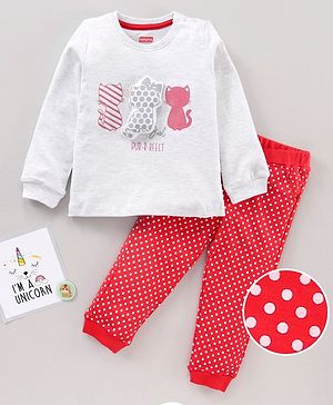 Babyhug Full Sleeves Top and Pants Set Kitty Print & Applique - White Red