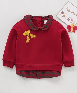 Babyhug Cotton Knit Full sleeves Sweatshirt With Woven Peter Pan Collar & Honeybee Badge - Red