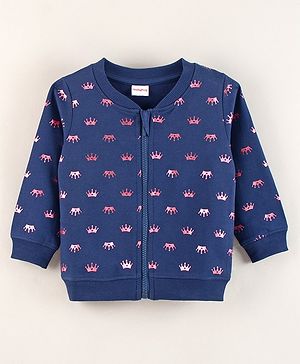 Babyhug Cotton Full Sleeves Front Open Sweatshirt With Foil Crown Print- Blue - 12-18M Blue