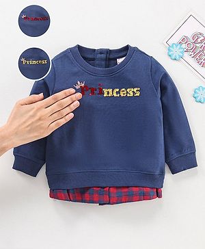 Babyhug Full Sleeves Sweatshirt With Reversible Sequins & Woven Checks Mock Shirt Hem - Blue