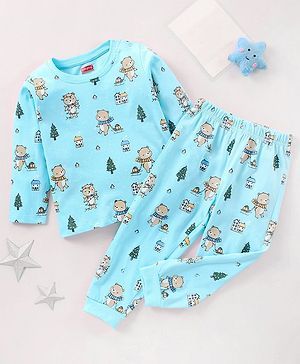 Babyhug Cotton Full Sleeves Nightsuit Teddy Print - Light Blue