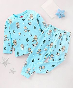 Babyhug Cotton Full Sleeves Nightsuit Teddy Print - Light Blue