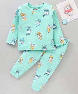 Babyhug Cotton Knit Full Sleeves Night Suit Bunny & Bear Print - Blue