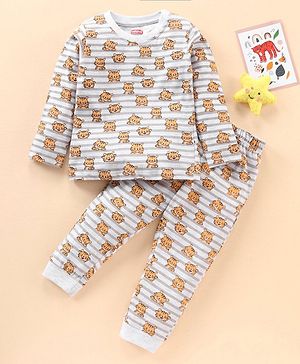 Babyhug Full Sleeves Striped Night Suit Tiger Print - Off White